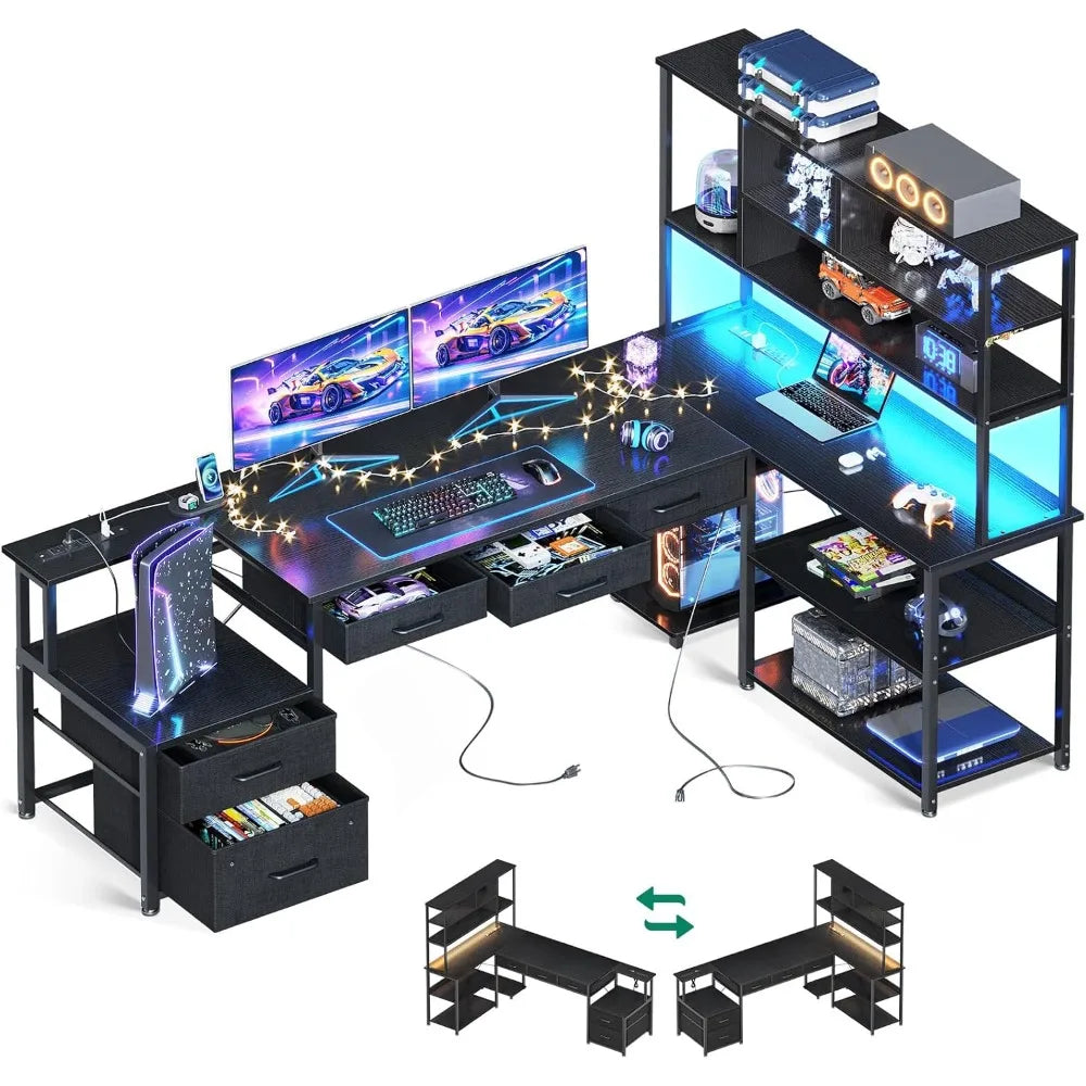 L Shaped Desk with LED Lights and Power Outlets Reversible 79 Inch Gaming