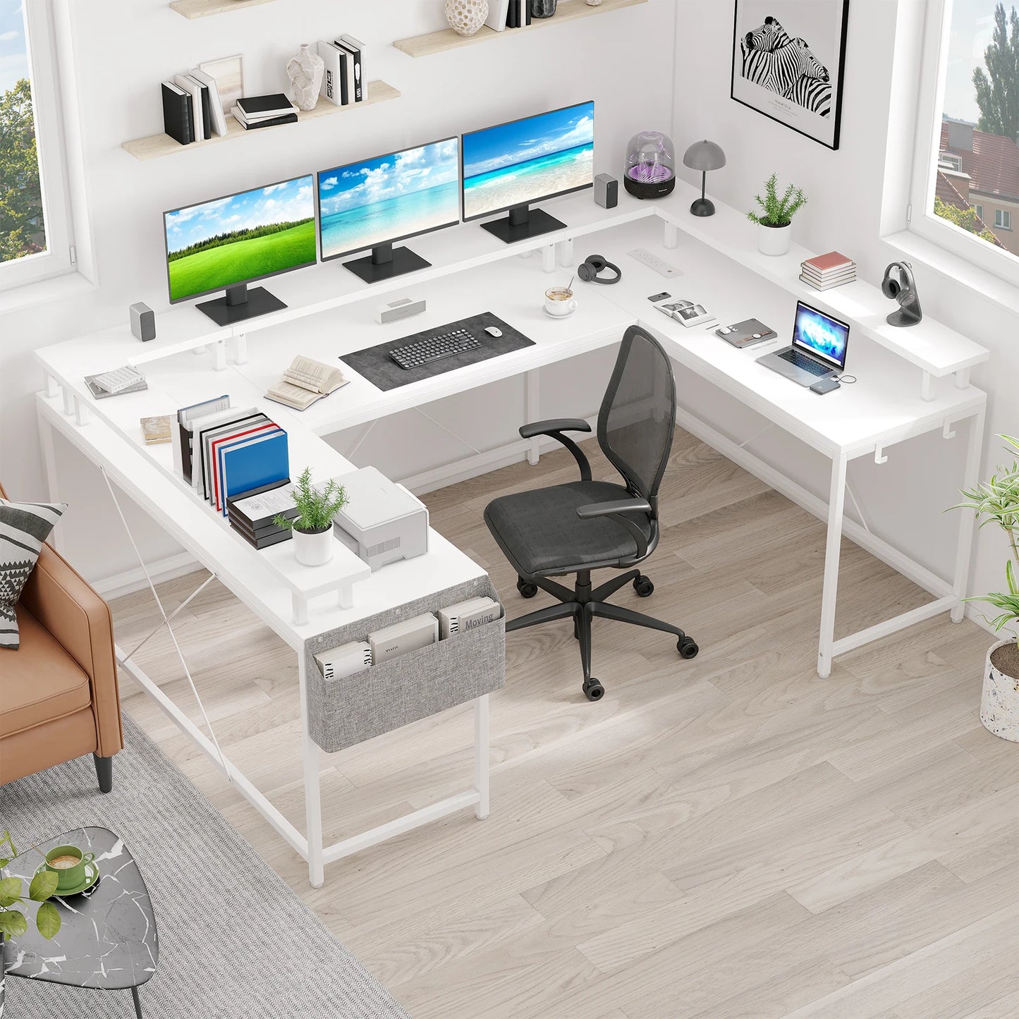 Modern L-Shaped Computer Desk with LED Lights Power Outlet and Shelves