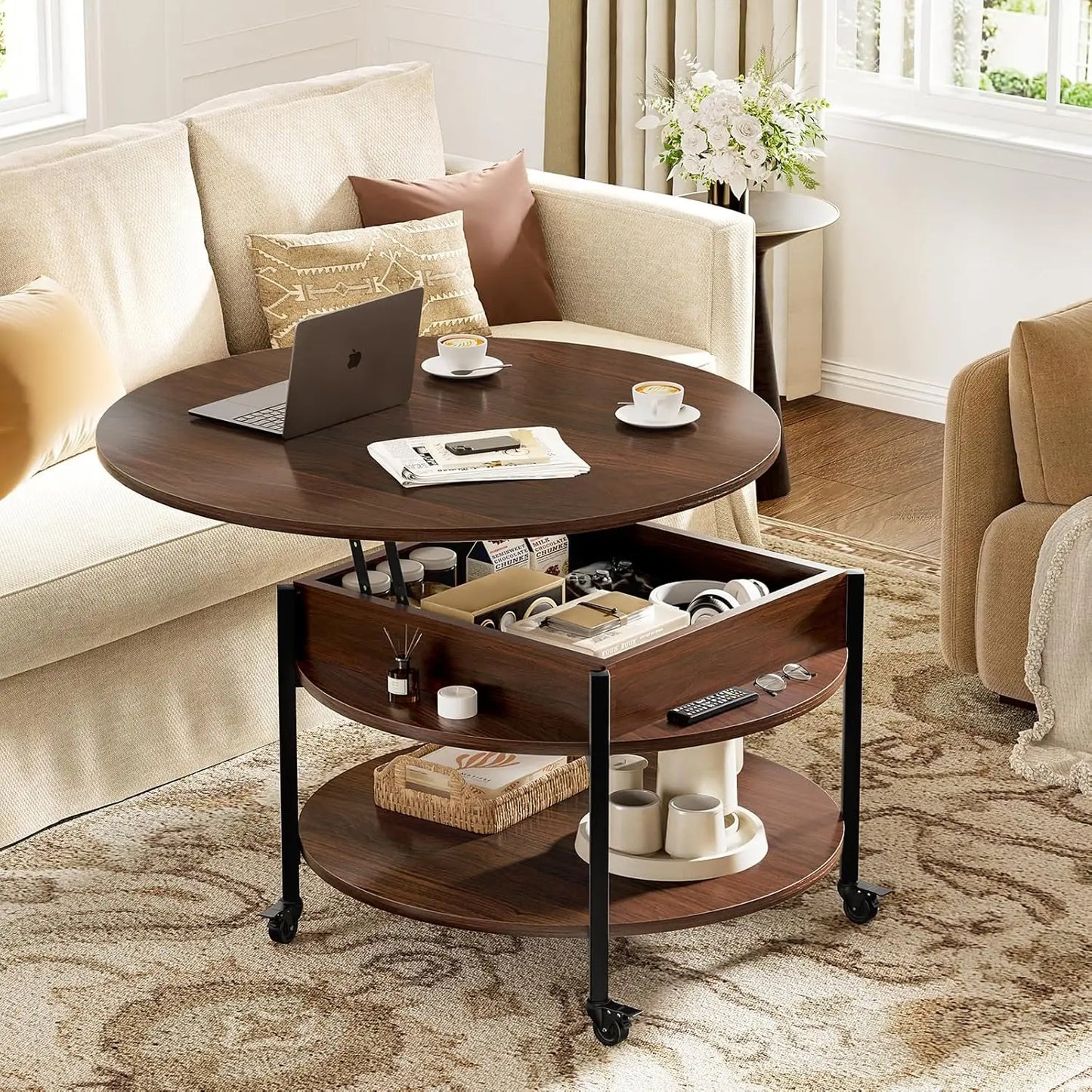 Round Lift Top Coffee Table with Wheels Storage Compartment Living Room