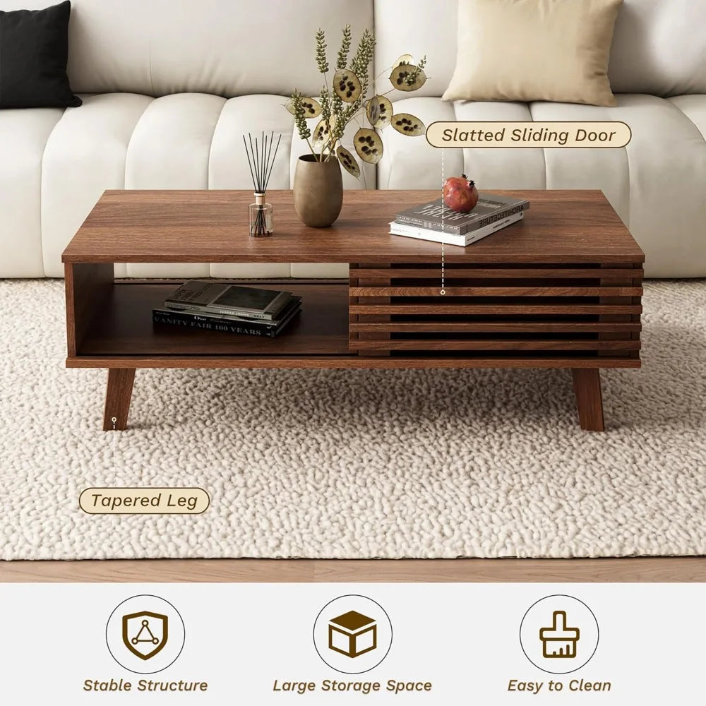 Mid Century Coffee Table with Storage Sliding Door Modern Living Room