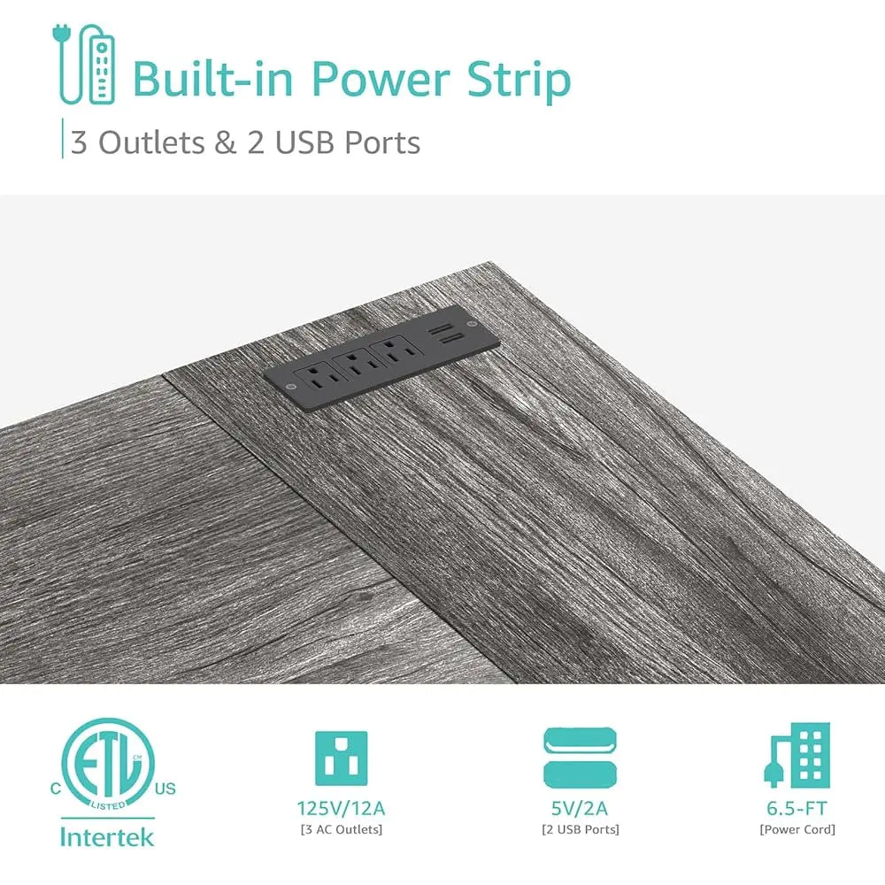 L Shaped Computer Desk with Drawers and Power Outlet for Home Office