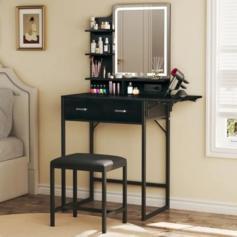 Makeup Vanity Desk with Foldable Panel Mirror Light and Storage