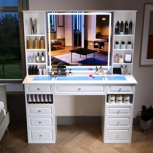 Ljustra Vanity Desk with Mirror and Lights 9 Drawers Dressing Table