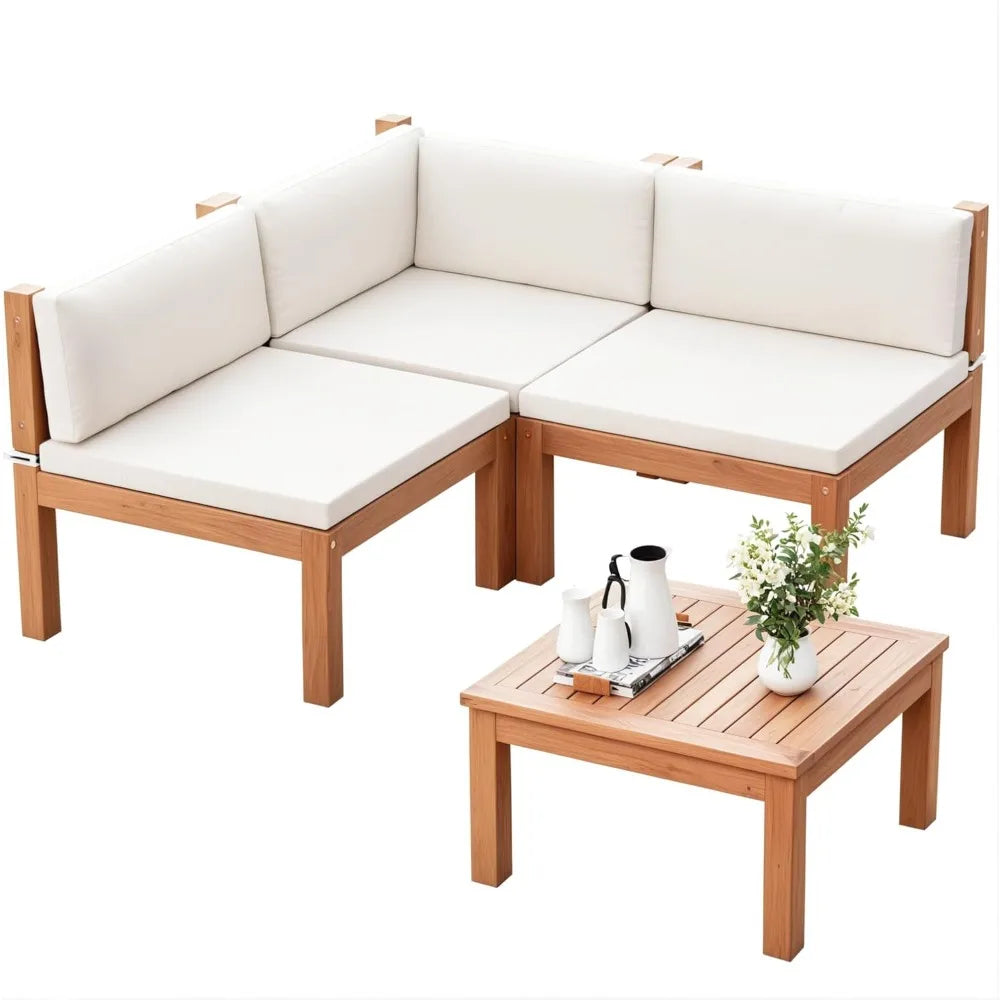 Outdoor Sectional Couch Patio Sofa Set with Acacia Wood Coffee Table
