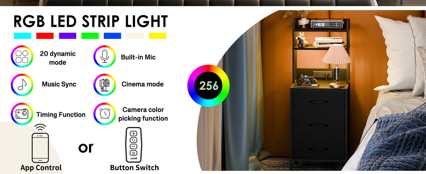 41 Inch Tall Nightstand with USB Charging Station and LED Lights