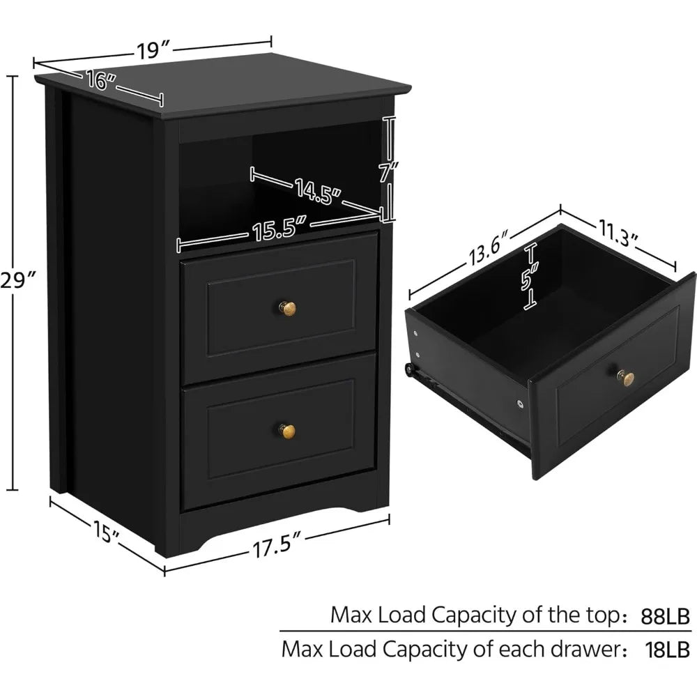 Nightstand Set of 2 Wooden Bedside Tables with Drawers for Small Spaces