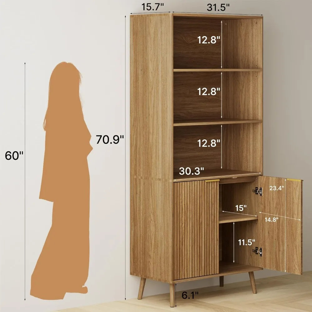 Natural Oak Bookshelf 70.9 Inch 5-Tier Bookcase with Fluted Doors