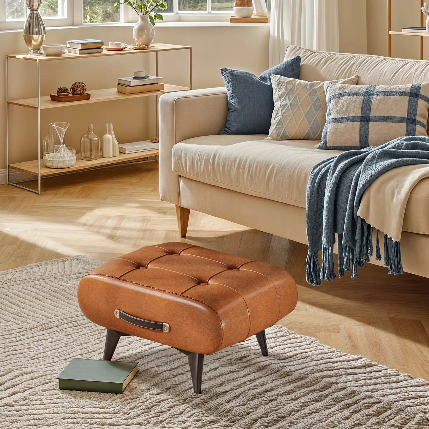 Vintage Waxed Leather Entryway Bench Luxury Ottoman Multifunctional Stool