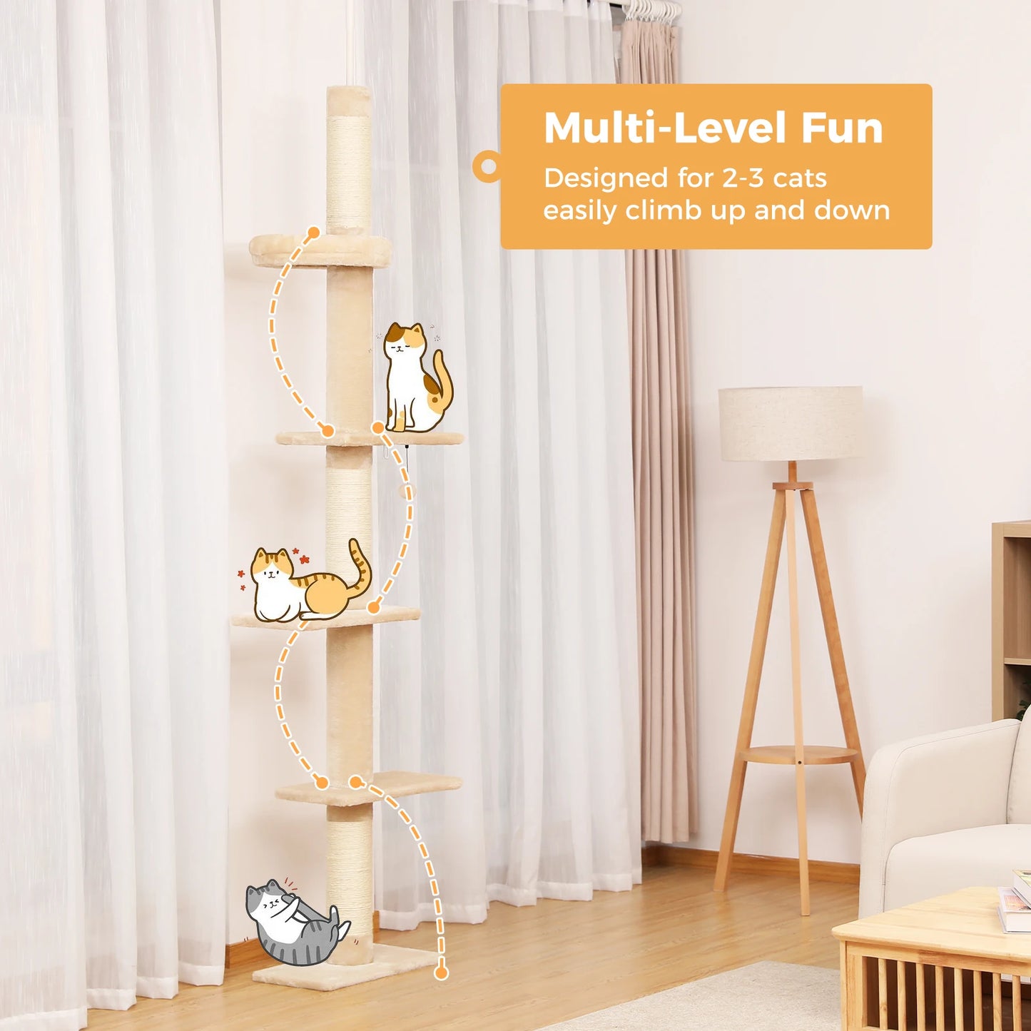 Adjustable Height Cat Tree Indoor Floor to Ceiling Tower Scratching Post