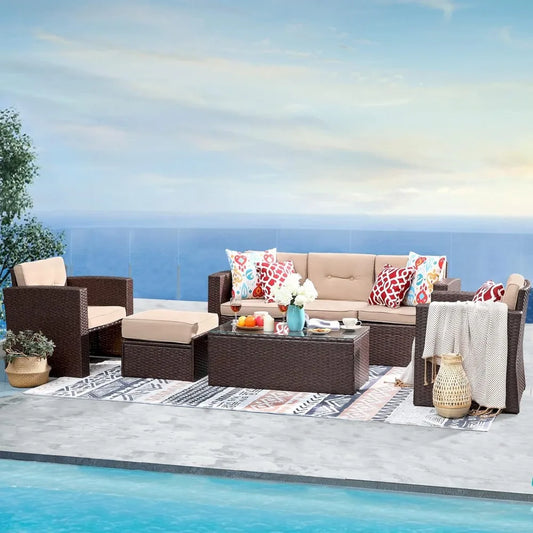 7 Piece Outdoor Patio Furniture Set Sectional Sofa with Ottoman