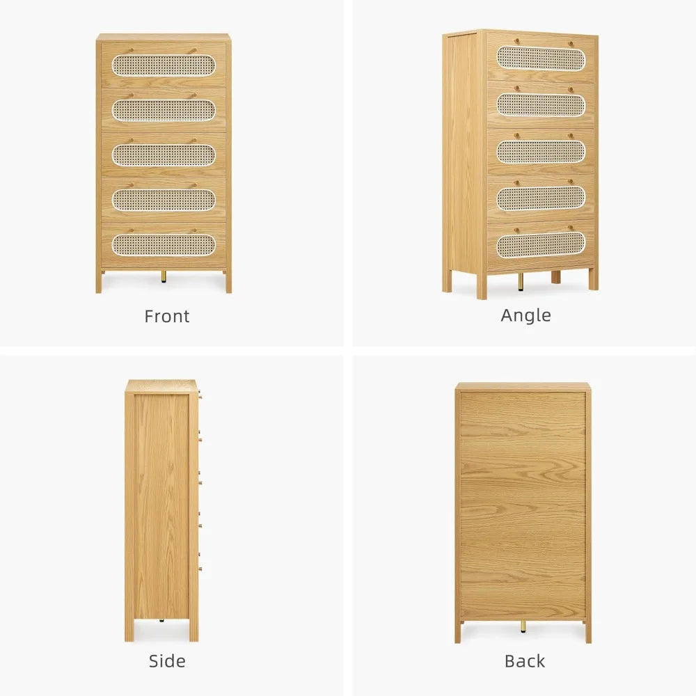 47 Inch Tall Rattan 5 Drawer Dresser Boho Storage Chest of Drawers