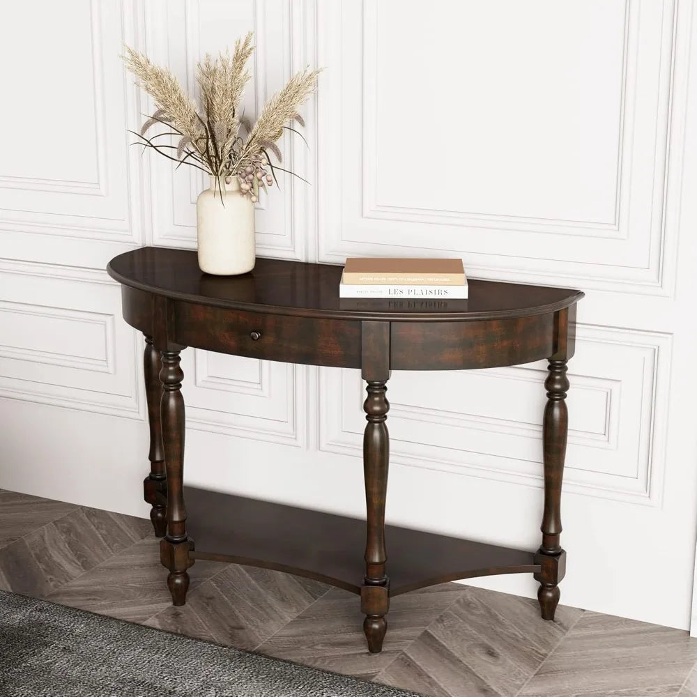 Demi Lune Console Table Solid Wood Entryway Table with Storage Drawer