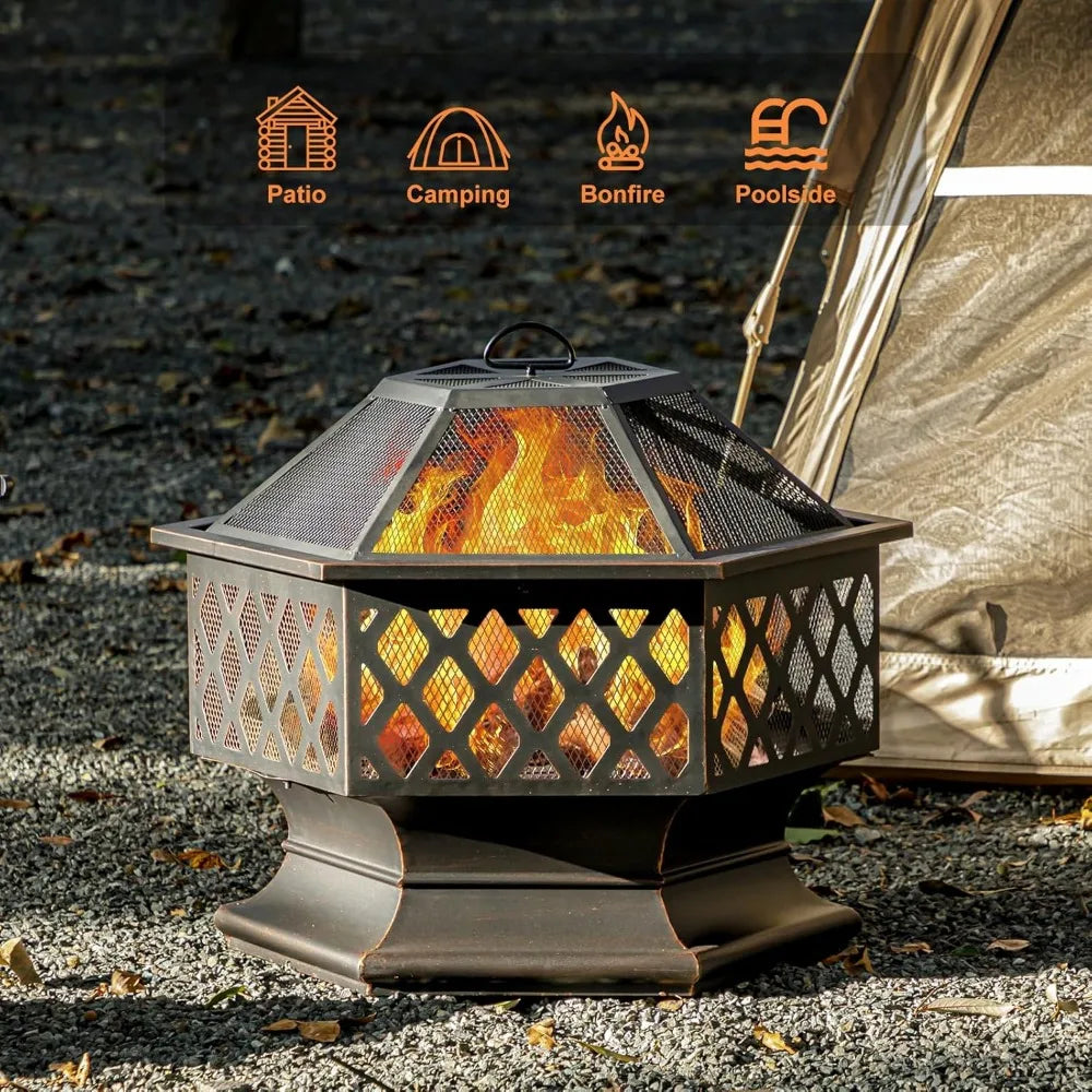 Outdoor Hexagon Fire Pit Wood Burning Patio Bonfire Camping 28 Inch
