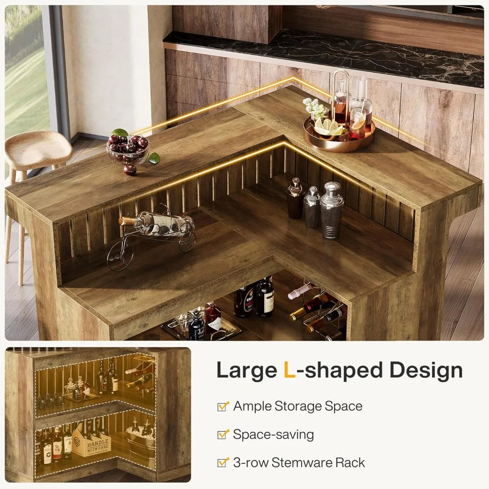 Ljustra L-Shaped Home Bar Unit Corner Liquor Table with Storage Shelves
