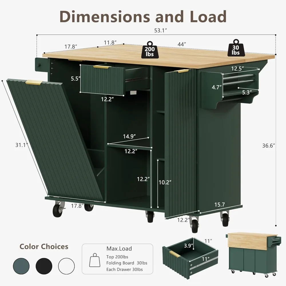 Rolling Kitchen Island with Trash Can Storage Portable Kitchen Cart