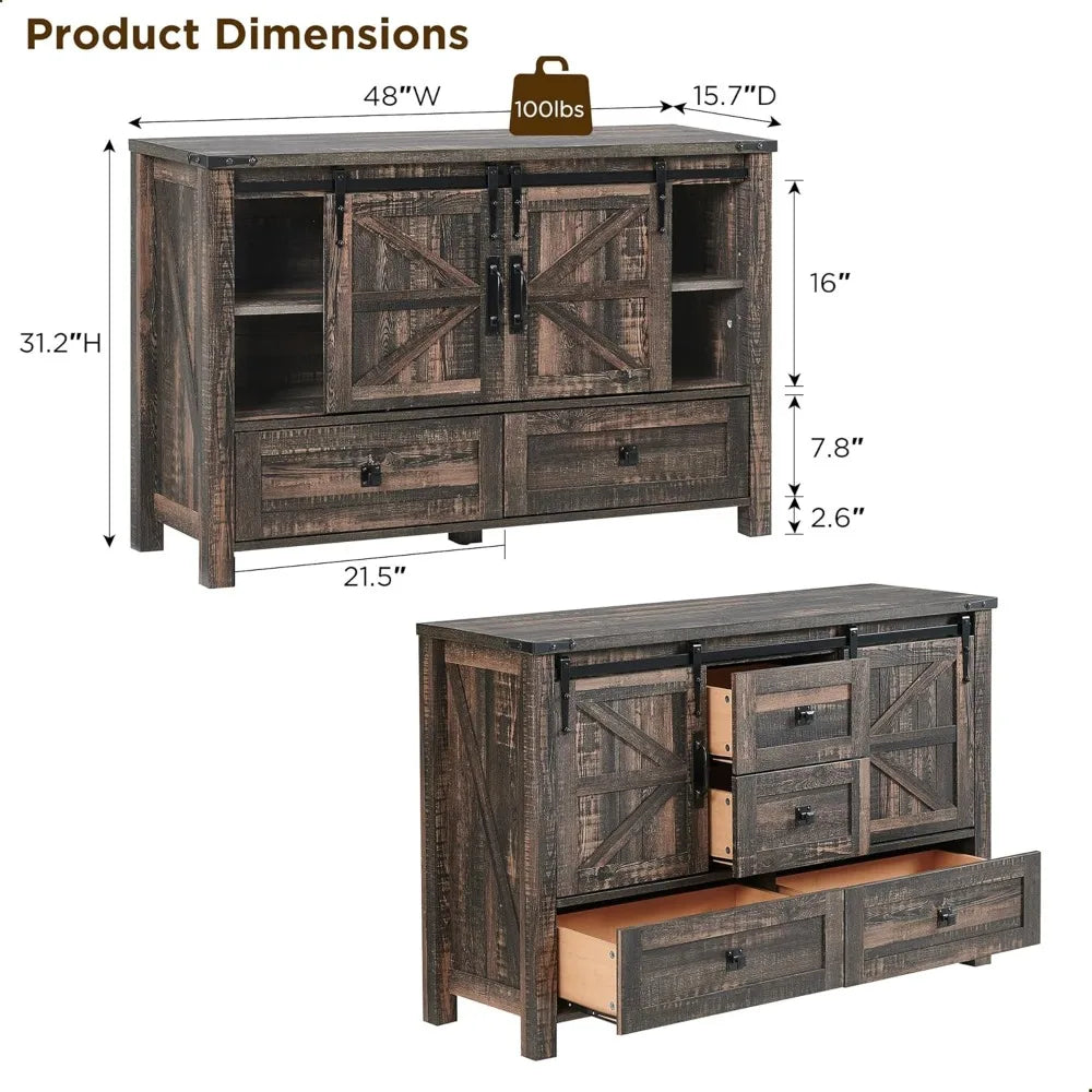 Farmhouse Buffet Cabinet with Sliding Barn Doors and Storage Drawers