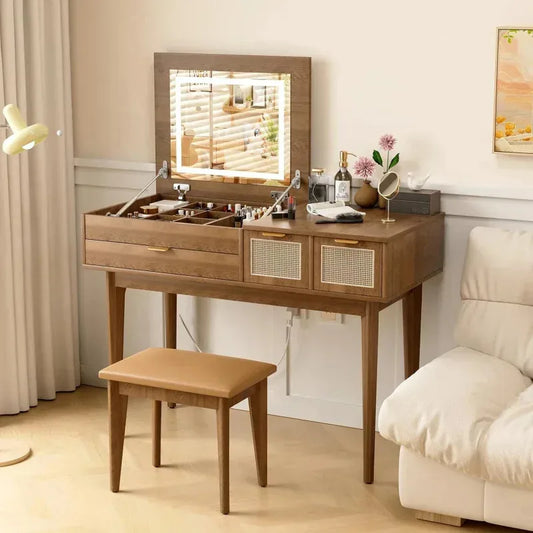 Ljustra LED Lighted Vanity Desk with Openable Mirror and Storage Stool