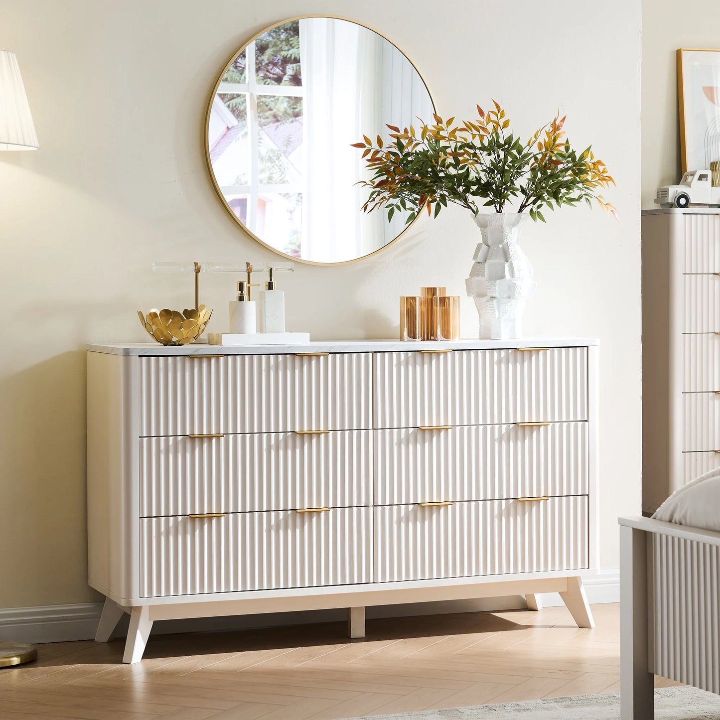 Modern 6 Drawer Dresser Faux Marble Top Fluted Chest of Drawers