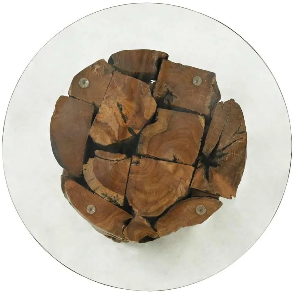 Coffee Table Teak Driftwood Base Round Glass Top Handmade Modern Design
