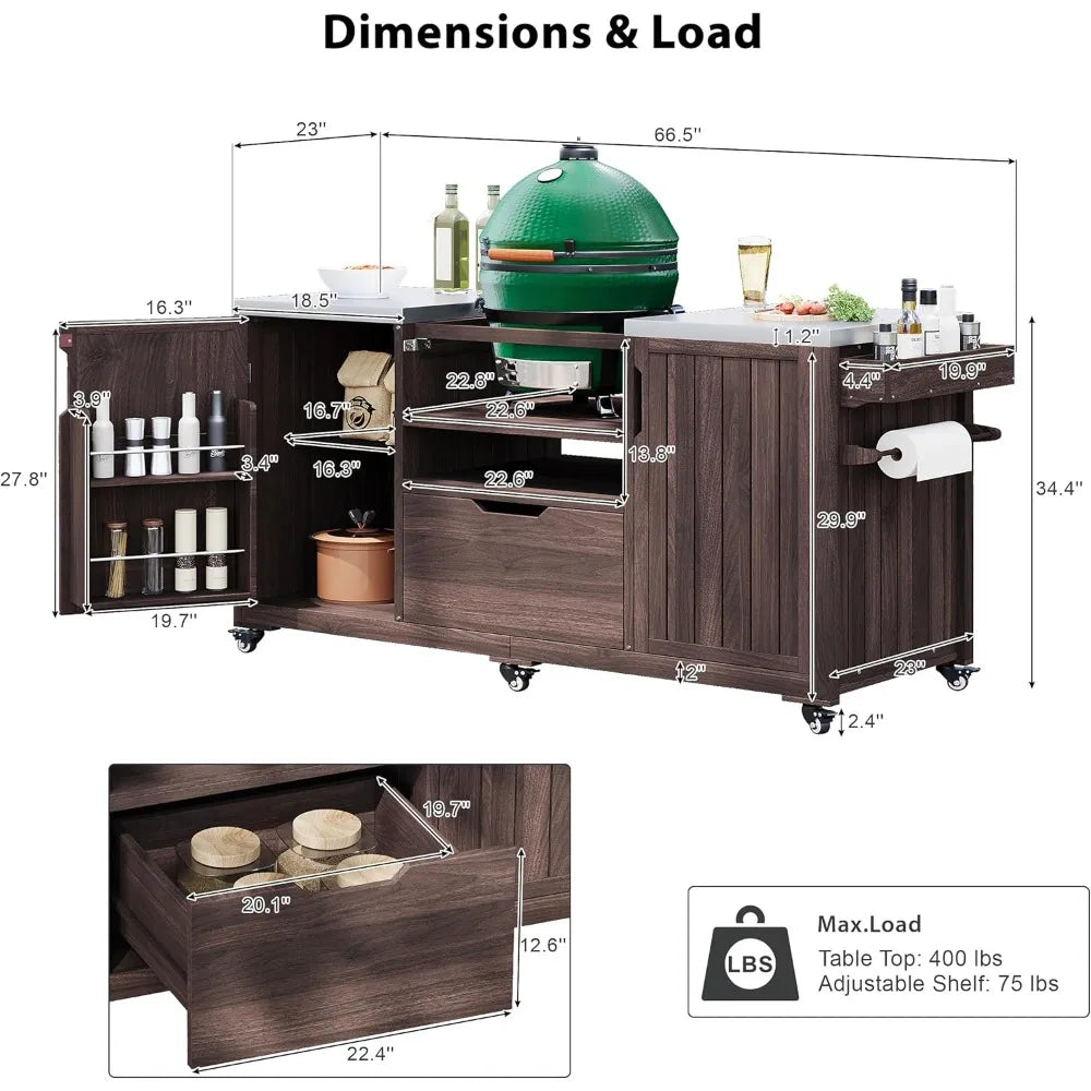 Outdoor Kitchen Island Big Green Egg Grill Table Solid Wood Rolling