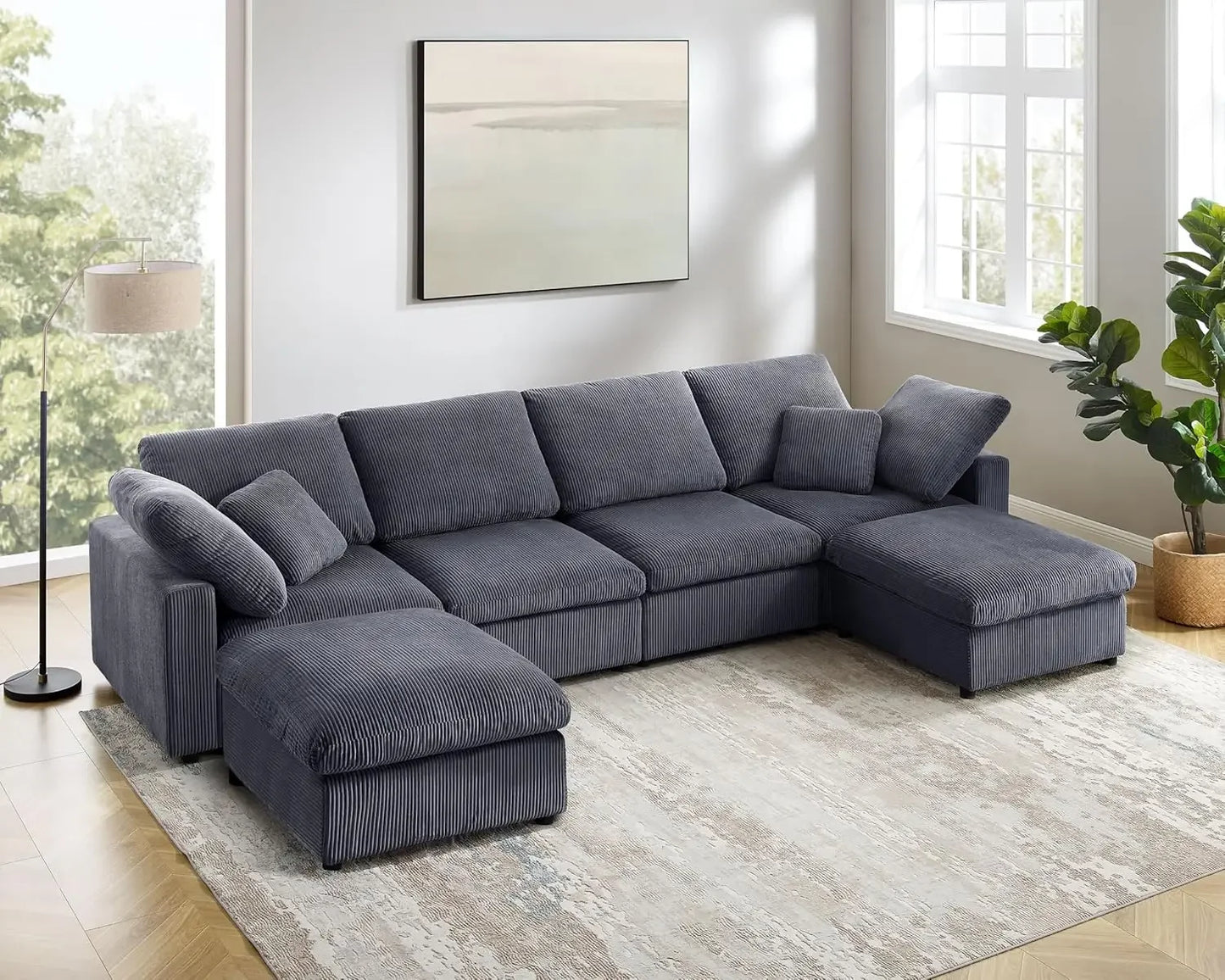 Ljustra 110" Large Modular Sofa Bed, Modern Sleeper Chaise, Corduroy Cloud Couch