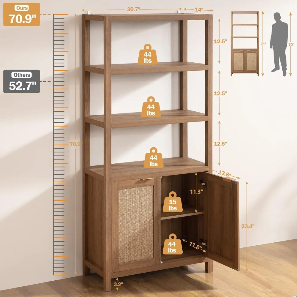 Ljustra 5 Tier Rattan Bookshelf Tall Bookcase Storage Shelves Farmhouse