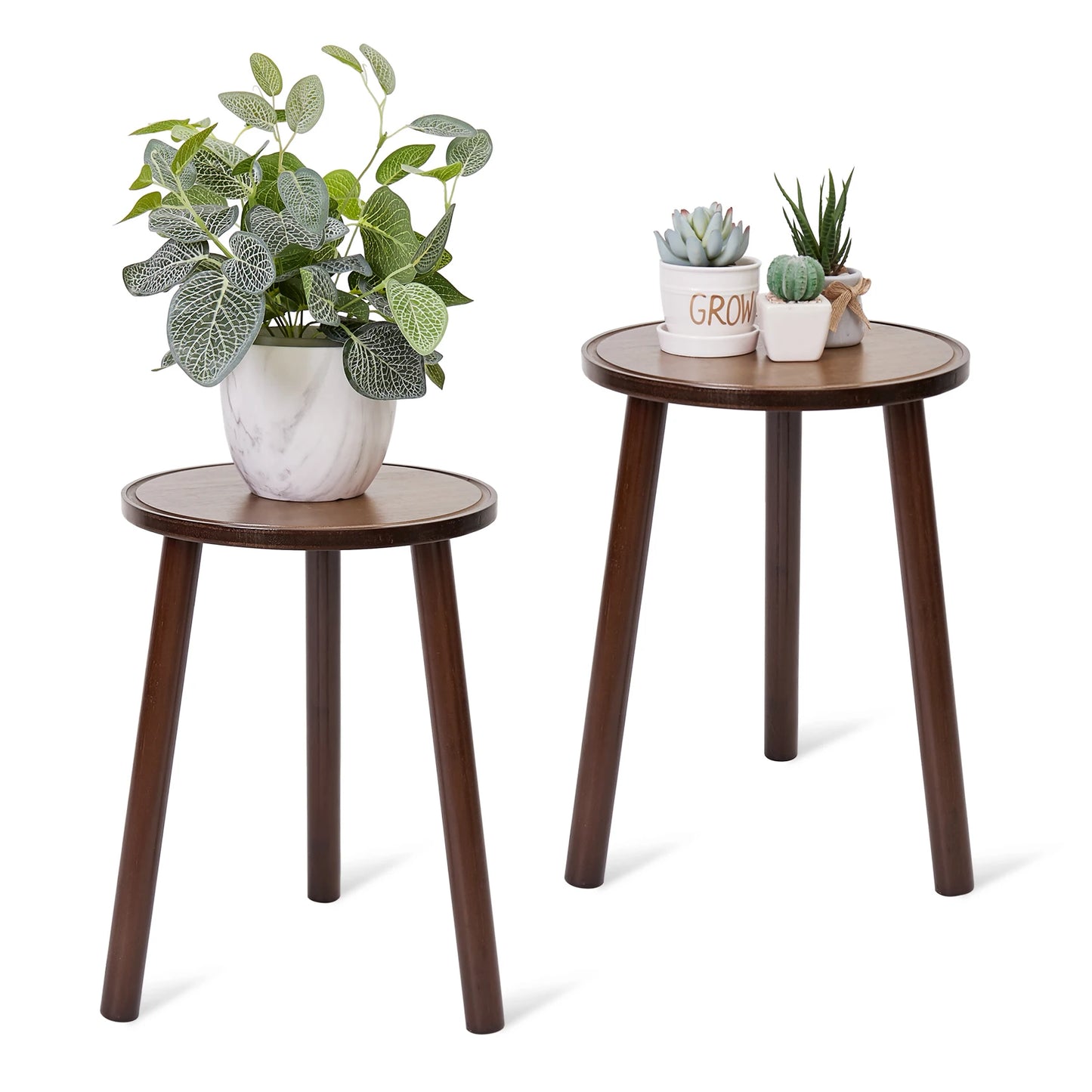 Small Round Bamboo Plant Stand 3-Legged End Table Set of 2