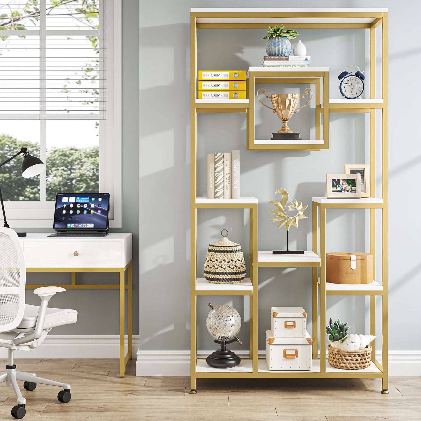 Tribesigns Gold 8-Shelf Etagere Bookcase Modern Display Shelf