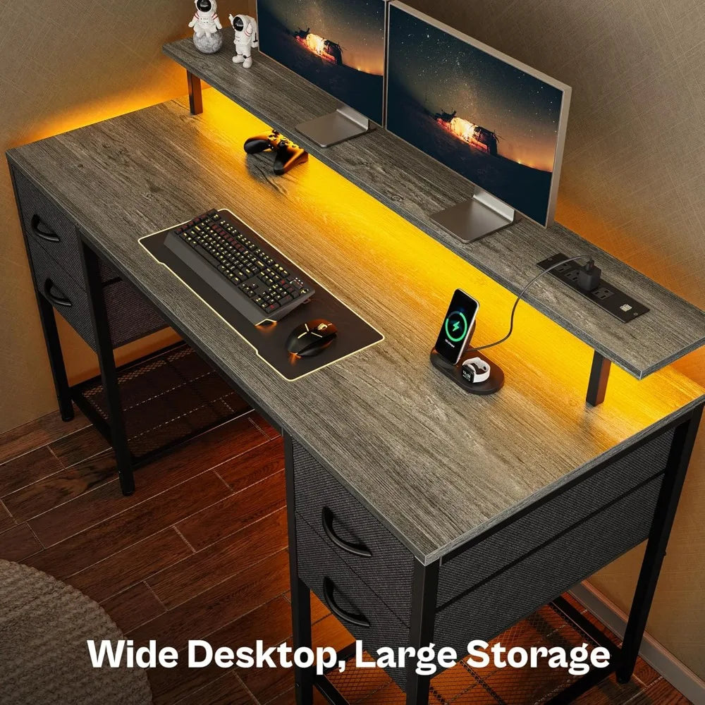55 Inch Computer Desk with Drawers LED Lights Power Outlets Gaming Desk