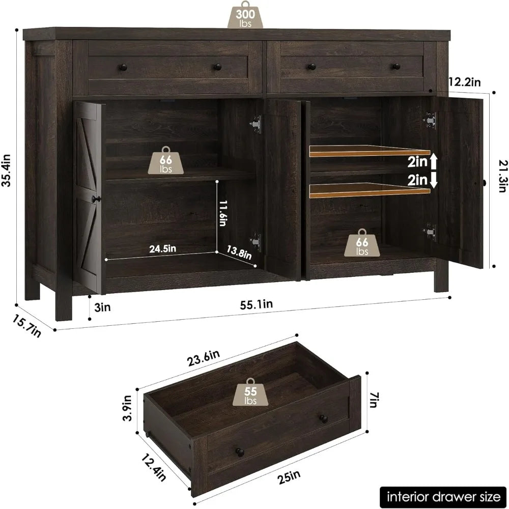 55 Inch Buffet Sideboard Cabinet Modern Farmhouse Coffee Bar Storage