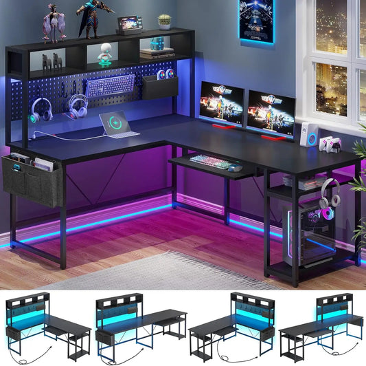 L Shaped Gaming Desk with Power Outlet LED Lights Pegboard and Storage