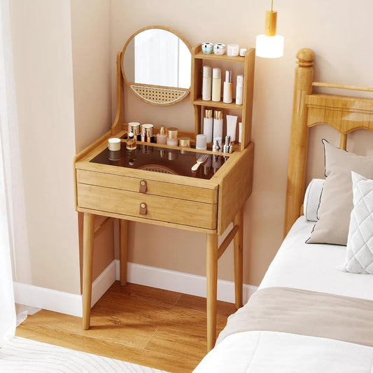 Small Bamboo Vanity Desk with Mirror Glass Top Storage Shelves