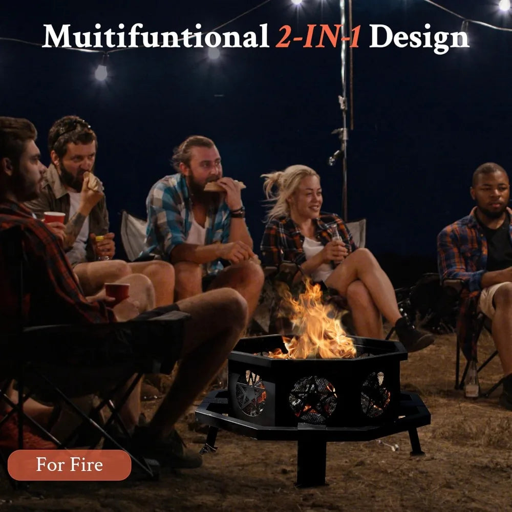 Ljustra 35 Inch Octagonal Fire Pit with Grill Outdoor Wood Burning