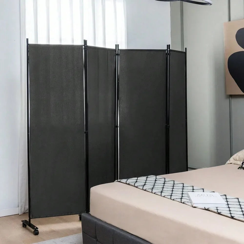 4-Panel Folding Room Divider Privacy Screen Rolling with Wheels