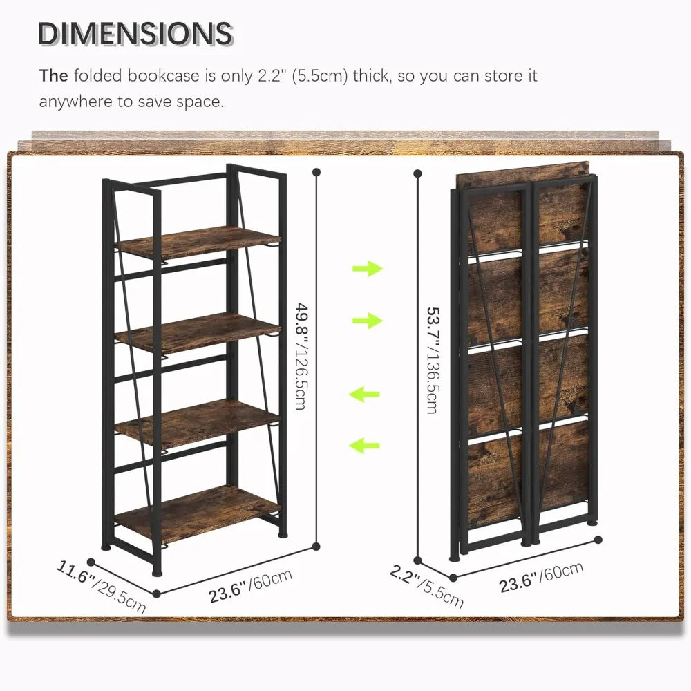 No-Assembly Folding Bookshelf 4 Tier Vintage Storage Organizer Rack