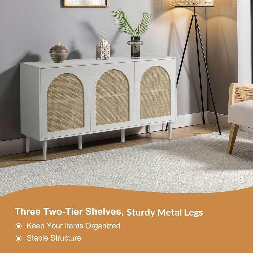 Sideboard Buffet Cabinet with Rattan Doors and Metal Legs for Storage