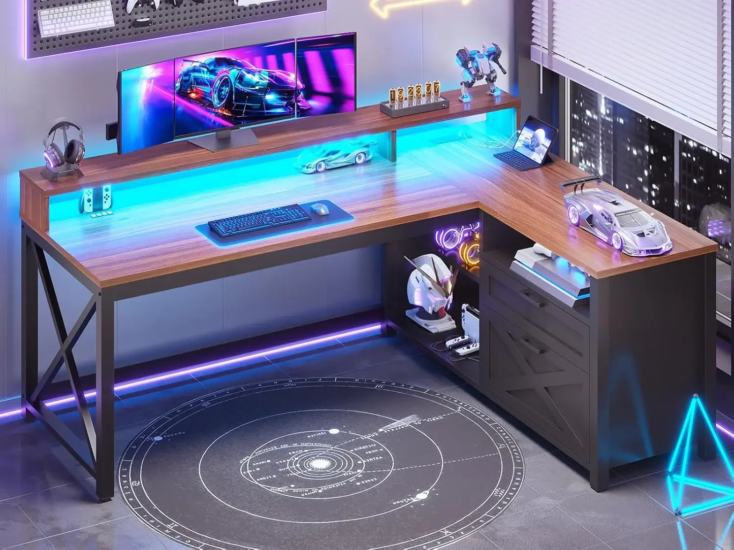 Farmhouse L Shaped Desk 55 Inch Office Gaming Desk with LED Lights