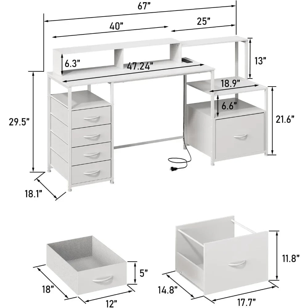 67 Inch Modern Computer Desk with Drawers Power Outlet LED Lights Gaming
