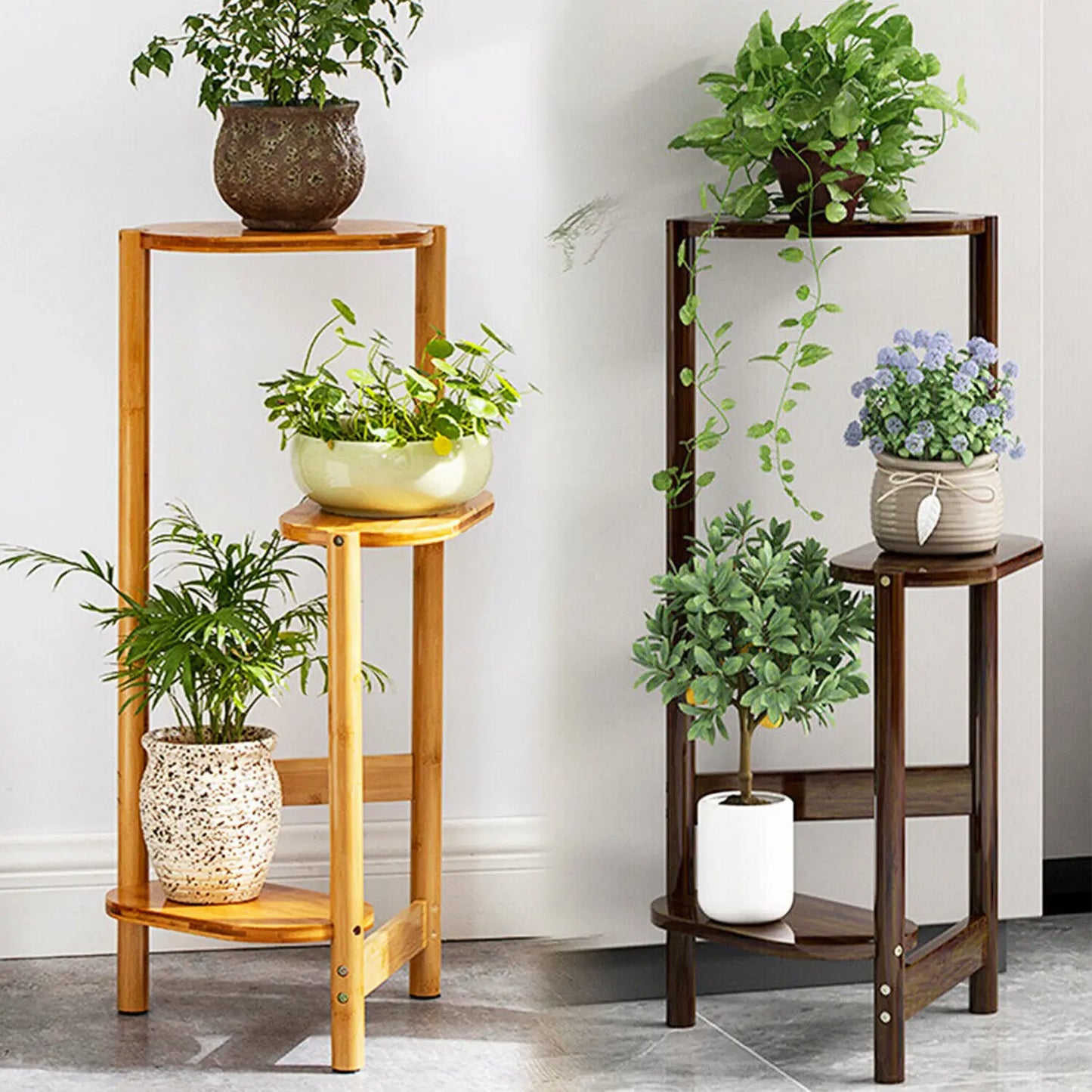3 Tier Bamboo Tall Corner Plant Rack Planter Stand for Balcony Garden