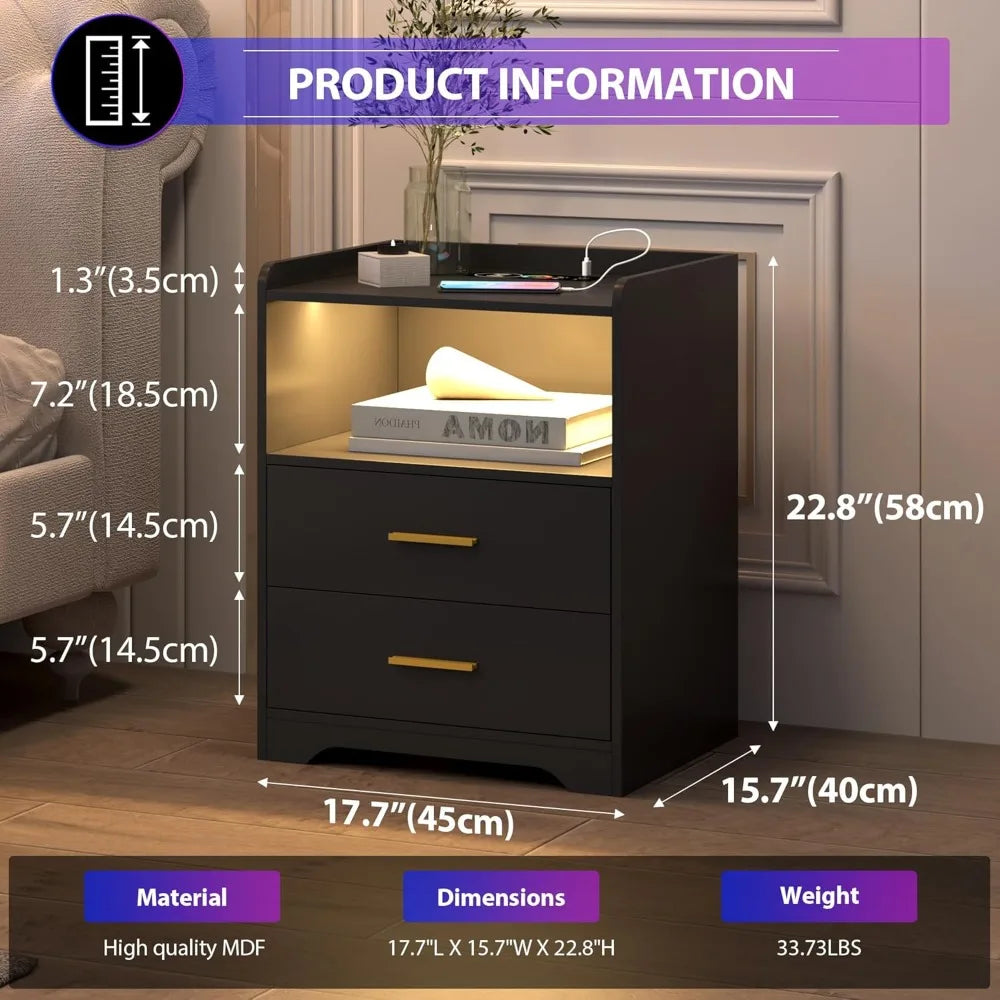 LED Nightstand with Charging Station Modern RGB Bedside Table
