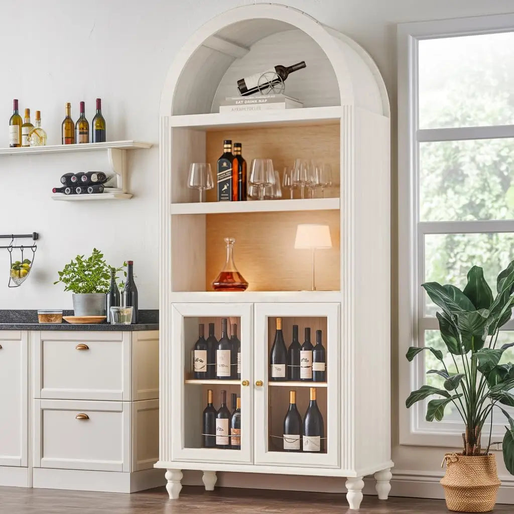 72 Inch Arched Bar Cabinet with Power Outlet Adjustable Shelves Wine Storage