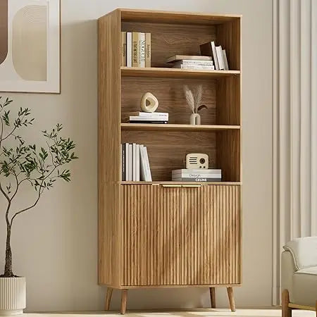 Natural Oak Bookshelf 70.9 Inch 5-Tier Bookcase with Fluted Doors