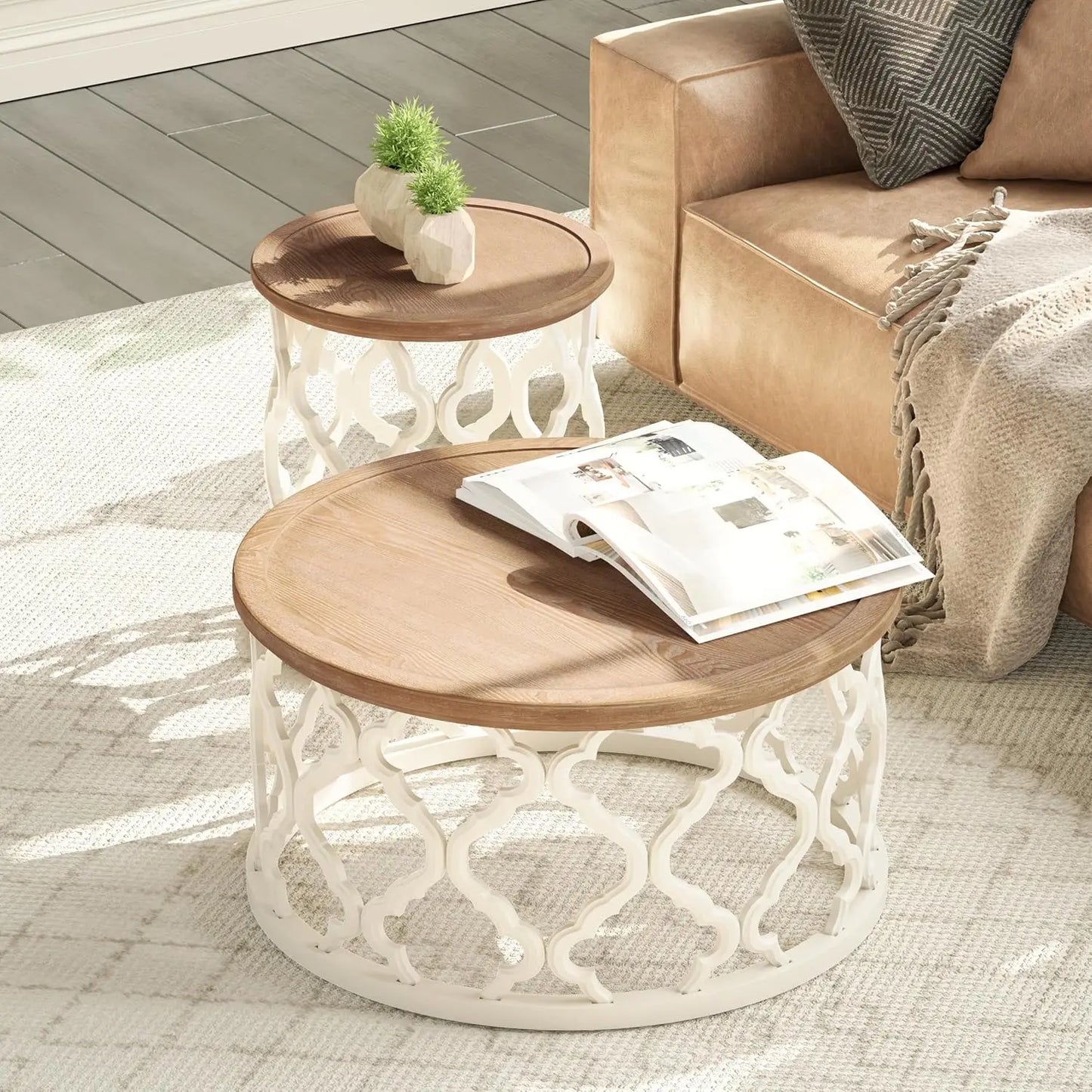 Farmhouse Coffee Table Distressed Tray Top Round Table for Rustic Decor