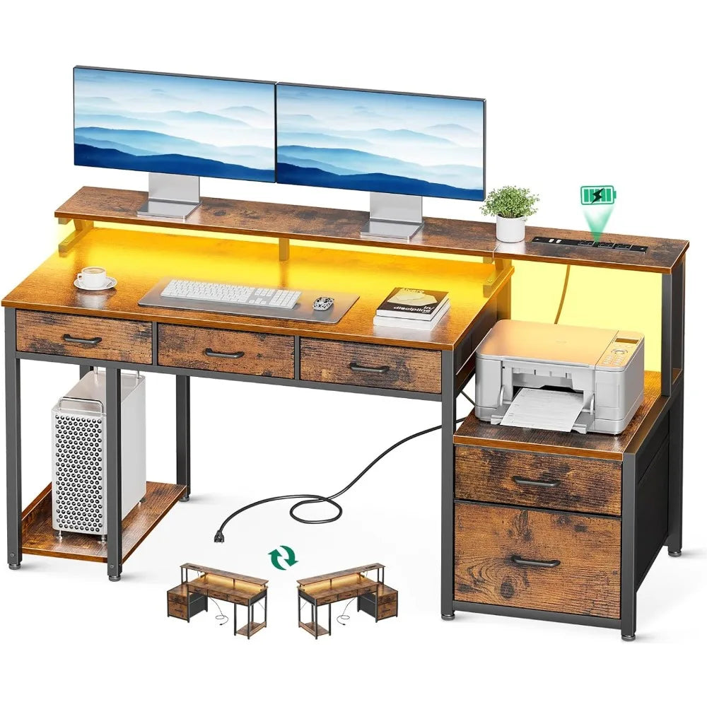 55 Inch Computer Desk with Drawers LED Lights Monitor Stand Storage