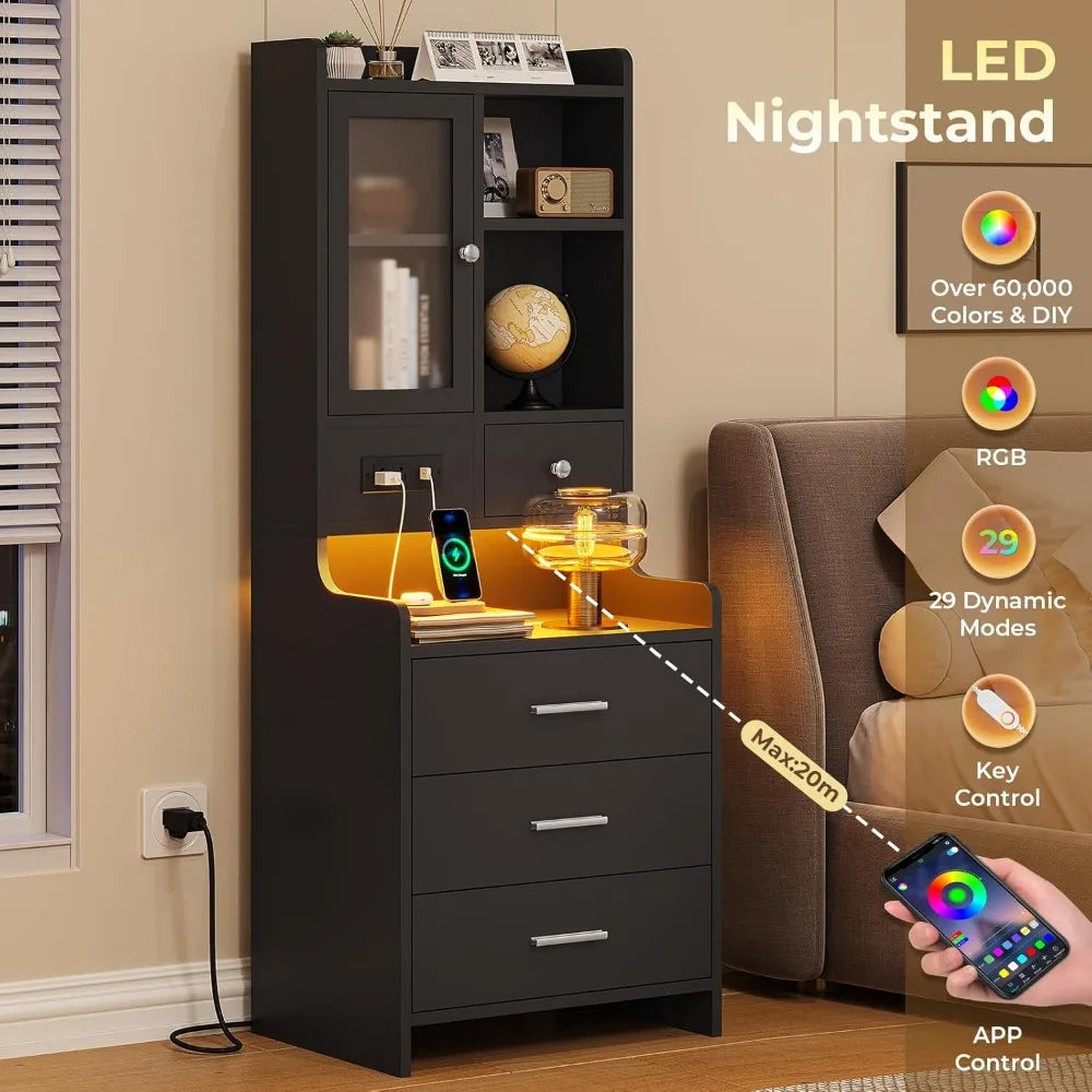 Black Night Stand Set of 2 with Charging Station and LED Lights