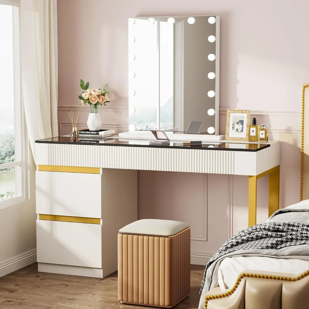 Modern Makeup Vanity Desk with Glass Top and 4 Storage Drawers