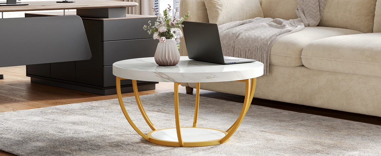 32 Inch Circle Marble Coffee Table 2 Tier Gold Metal Legs Modern Design