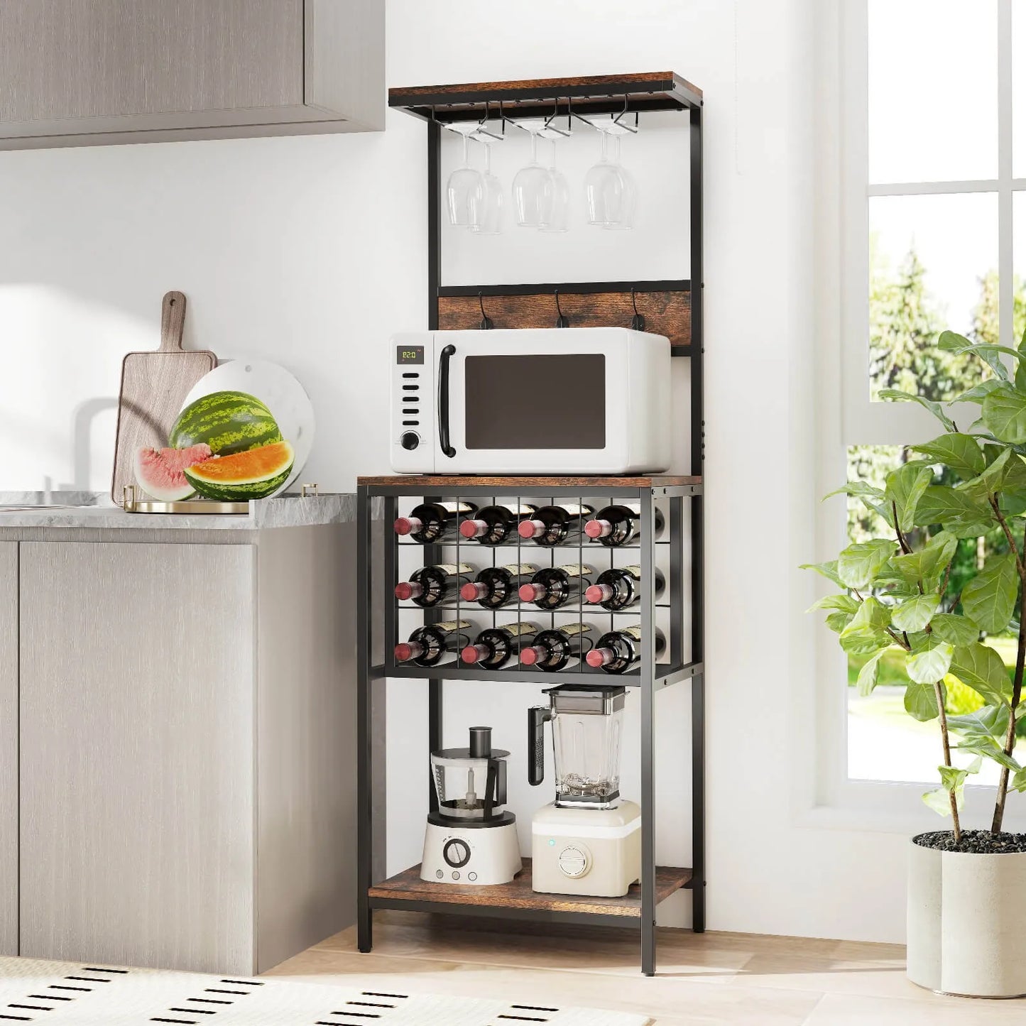 Freestanding Wine Rack Countertop Shelf with Glass Holder Storage