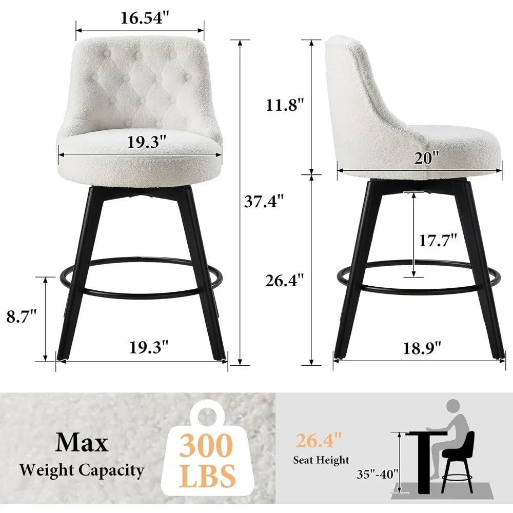 Modern Swivel Bar Stools Set of 2 Boucle Upholstered 26 Inch Height