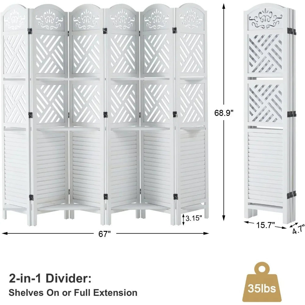 Room Divider with Shelves 5.75ft Tall Folding Wood Carved Screen